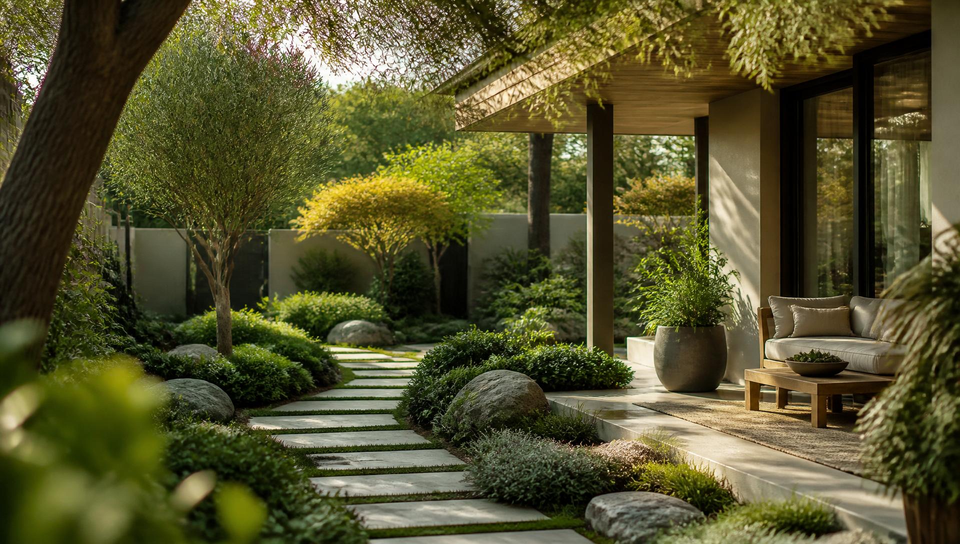 Jardim moderno e acolhedor com caminho de pedras, plantas exuberantes e iluminação natural