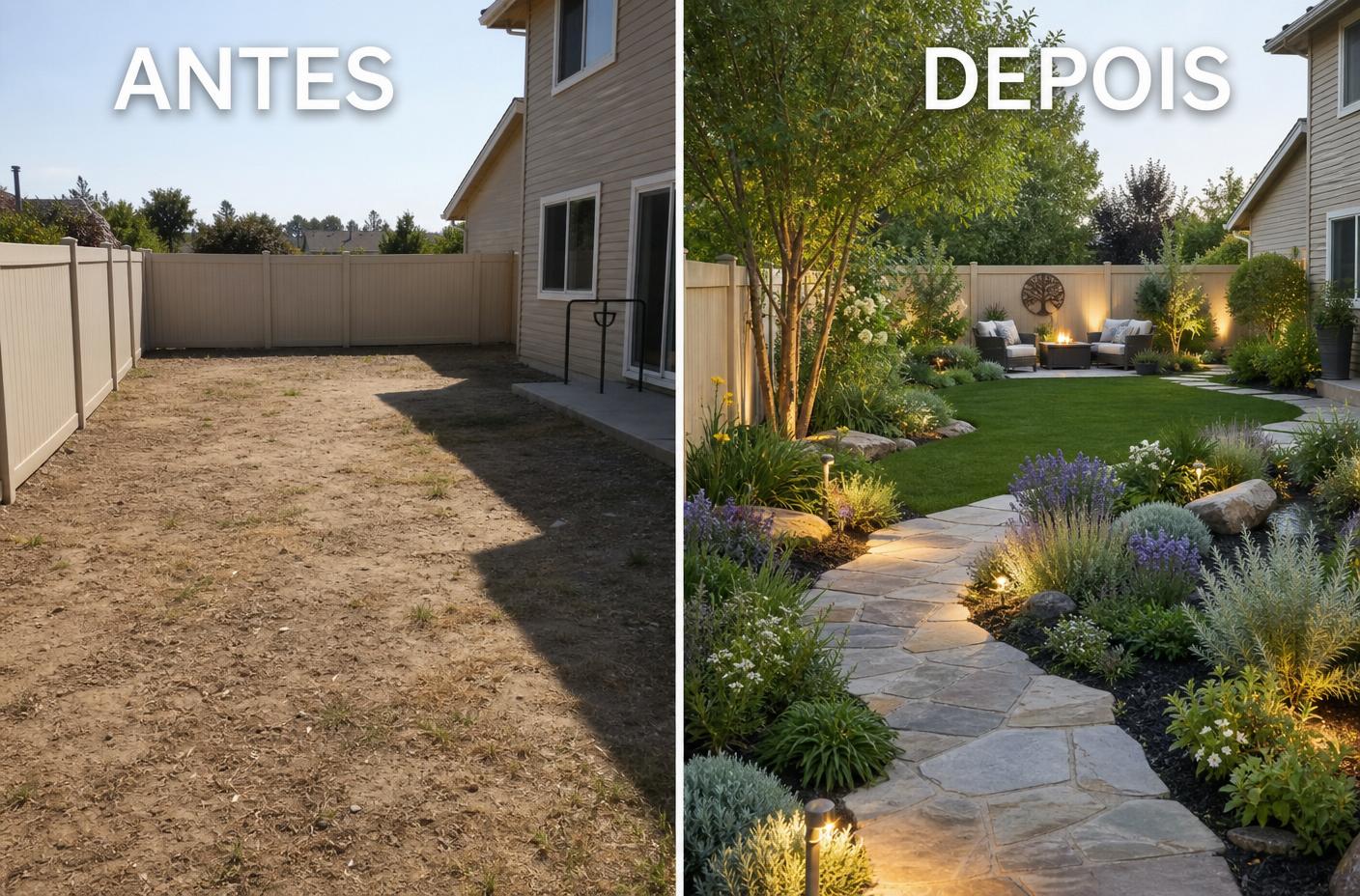 Comparativo Antes e Depois de um quintal transformado em jardim paisagístico